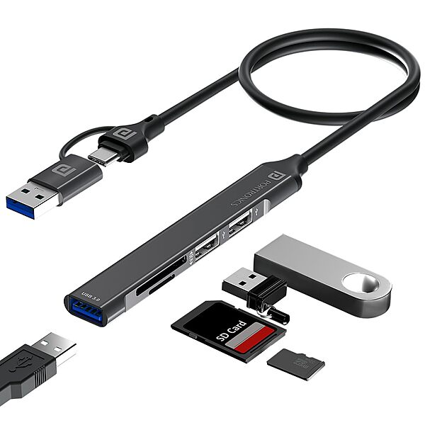 Portronics Mport 31 Plus – 5-in-1 USB Hub, Dual Plugs, compact design, supports multiple devices, high-speed data transfer, ideal for laptops and desktops, enhances connectivity options.