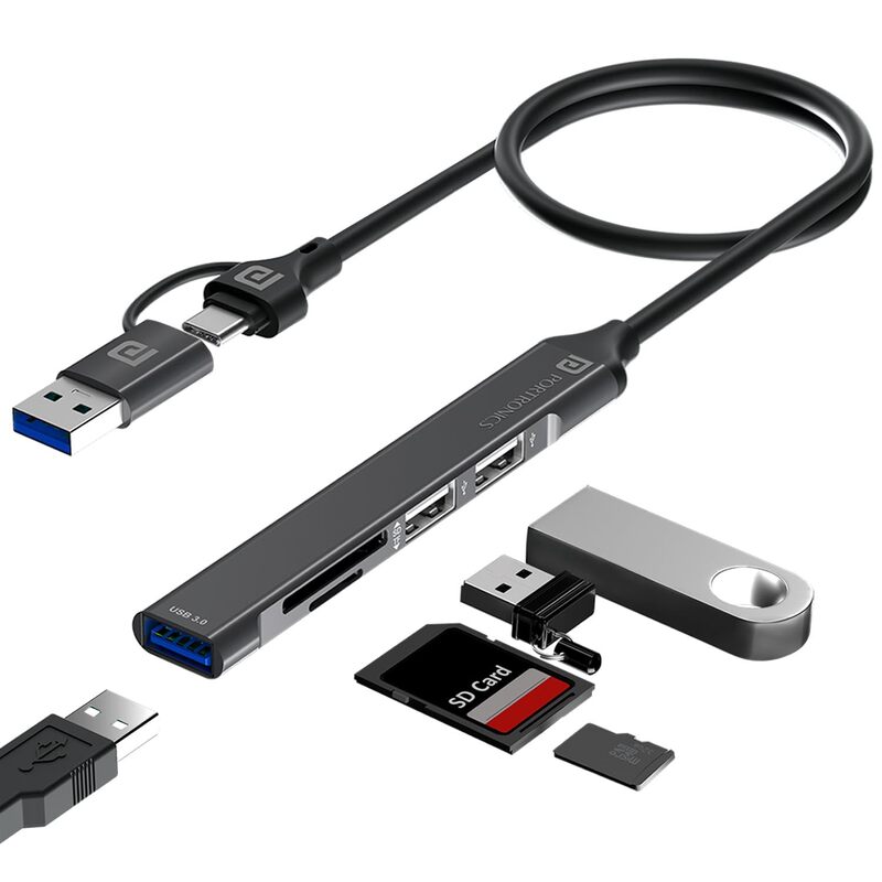 Portronics Mport 31 Plus – 5-in-1 USB Hub, Dual Plugs, compact design, supports multiple devices, high-speed data transfer, ideal for laptops and desktops, enhances connectivity options.