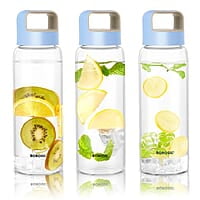 Borosil Crysto Glass Water Bottle, Fridge Bottle Set of 3, Borosilicate Glass, Extreme Temperature Resistant, For Hot & Cold Water, Milk, Lassi, Juice, Blue Husk Lid, 750 ml, Stylish & Transparent