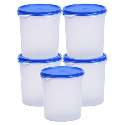 Varmora Magnum Round Smart Kitchen Storage Plastic Container – Blue Lid (1 Litres) (Pack of 5)