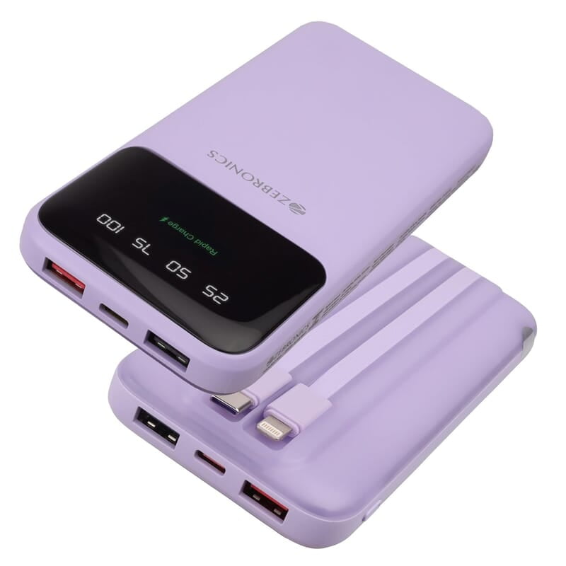 ZEBRONICS MW60 Power Bank, 10000 mAh, Rapid Charge, 20W Output, Outputs - Dual USB | Dual Type C | Lightning, Type C PD, LED Indicator, Built in I/O Cables
