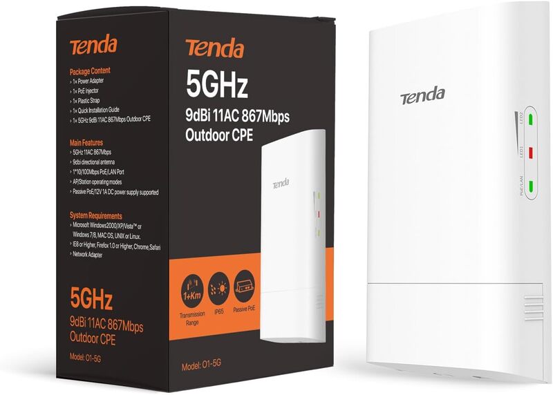 Tenda O1-5G 5.8GHz 867Mbps Outdoor Wireless Bridge, Point to Point Wi-Fi Bridge, 1KM Long Distance, Outdoor CPE with 2 * 9dBi Antenna, PTP/PTMP, IP65 Waterproof Enclosure Tenda O1-5G 5.8GHz 867Mbps Outdoor Wireless Bridge, Point to Point Wi-Fi Bridge, 1KM Long Distance, Outdoor CPE with 2 * 9dBi Antenna, PTP/PTMP, IP65 Waterproof Enclosure