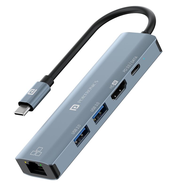 Portronics Mport 51 – A versatile 5-in-1 USB-C hub featuring HDMI for 4K video output, LAN for stable internet, and multiple USB ports for seamless connectivity and enhanced productivity.