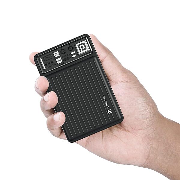 Portronics 20K Mini Power Bank – Compact design, 20000mAh capacity, LED indicator, dual output with USB-A & Type-C PD, fast charging support, perfect for on-the-go device charging.