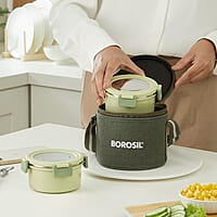 Borosil Glory Green Stainless Steel Lunchbox with Bag | 3 pcs Container Set (280 ml Each) | Microwavable Tiffin