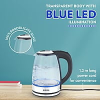 Borosil Electric Glass Kettle, Borosilicate Glass, Extra Long Cord, Dry-boil Protection, 360° Rotating Base, 1.8 L, Transparent