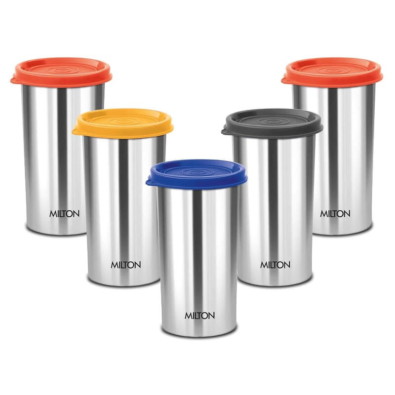 MILTON Stainless Steel Tumbler with Lid Set of 5, 415 ml Each, Assorted (Lid Color May Vary)