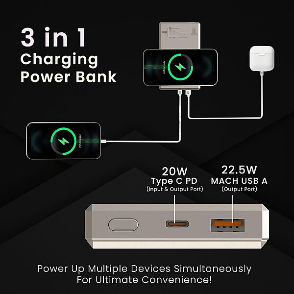 Portronics MagClick 10K – 15W Wireless 10000mAh Power Bank (Dark Grey) offers fast charging, sleek design, and portability. Ideal for on-the-go charging of smartphones and devices.