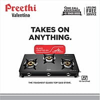 Preethi Valentino Glass top 3 Burner Gas Stove, Manual Ignition, Black ISI Approved