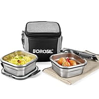 Borosil Feast Stainless Steel Lunch Box with Bag | Set of 2 (400 ml Each), Square