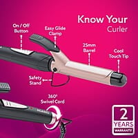 AGARO HC6001 Hair Curler with 25MM Barrel, Rod, Tong, Tourmaline Infused Ceramic Coated Plates
