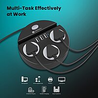 Portronics Power Plate 5 Black features 5 USB ports for charging multiple devices simultaneously. Its sleek design includes a holder for convenience, making it perfect for home or office use.