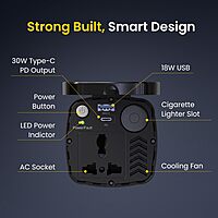 Portronics 200W Car Power Inverter – 30W Type-C PD, AC Socket & USB | Black