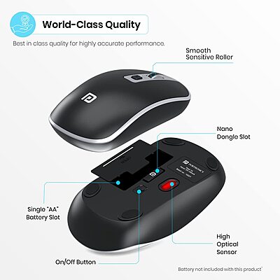 Portronics Toad 14 Wireless Mouse – 2.4GHz | Dual-Function Scroll | Black | 1 Year Warranty