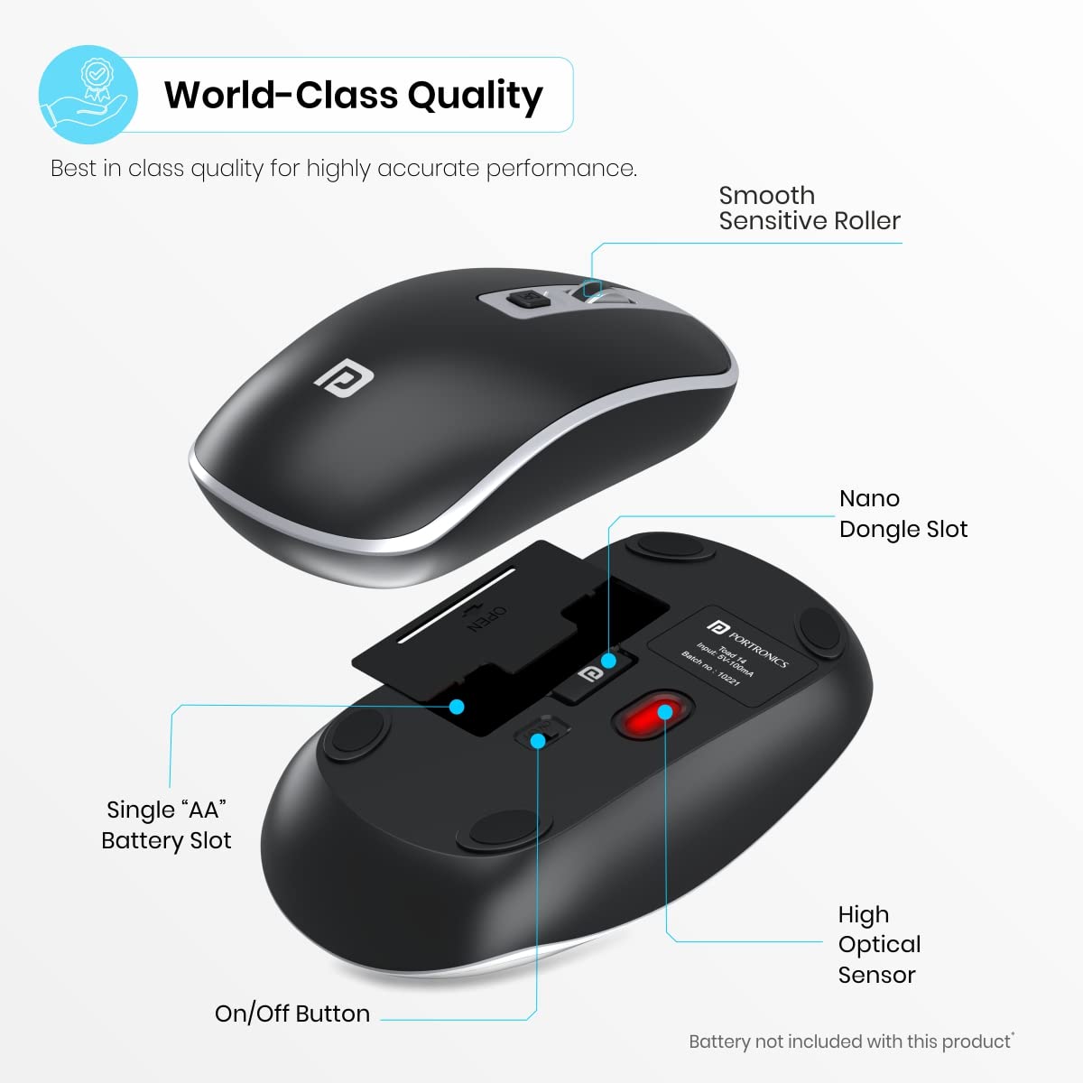 Portronics Toad 14 Wireless Mouse – 2.4GHz | Dual-Function Scroll | Black | 1 Year Warranty