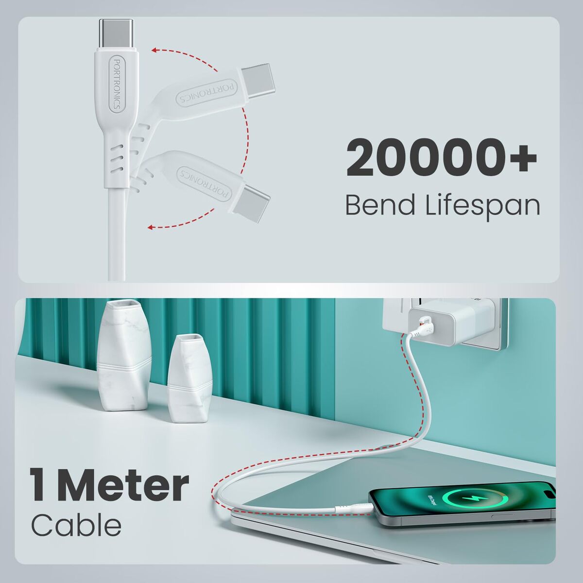 Portronics 60W Konnect Core 3 Type C to Type C Cable – Fast Charging & Data Sync | In-Built Cable Management Hook | Strong PVC Material | White