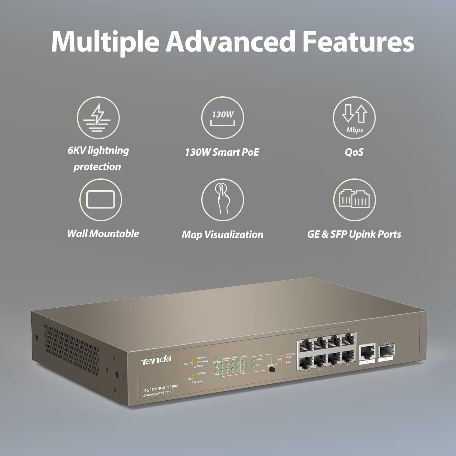 Tenda TEG5310P Layer-3 Gigabit Managed PoE Switch – 10 Ports, 8 PoE+ Ports, 150W Power, Smart Features Tenda TEG5310P Layer-3 Gigabit Managed PoE Switch – 10 Ports, 8 PoE+ Ports, 150W Power, Smart Features