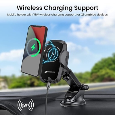Portronics Charge Clamp 2 Mobile Holder with Wireless Charging with 15W Wireless Output, 360° Rotation, 270° Adjustable Angles, LED Display, Type C Charging Port, 1M Type C Cable(Black) Portronics Charge Clamp 2 Mobile Holder with Wireless Charging with 15W Wireless Output, 360° Rotation, 270° Adjustable Angles, LED Display, Type C Charging Port, 1M Type C Cable(Black)
