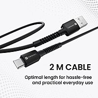 Portronics Konnect X – 3A USB to Type-C Cable, 2M Black, durable and fast charging, perfect for data transfer and charging devices, tangle-free design, compatible with various Type-C devices.