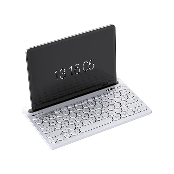 Portronics Bubble Dock Wireless Keyboard with Device Holder – Black. Enjoy seamless typing with a sleek design, built-in device holder, and wireless connectivity for a clutter-free workspace.