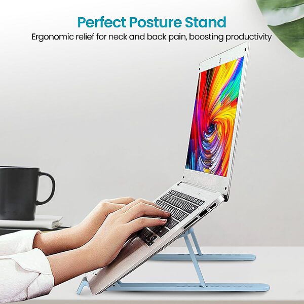 Portronics My Buddy K Lite Laptop Stand – Blue, Foldable, lightweight design, adjustable height, ergonomic support, enhances airflow, compatible with all laptops, perfect for home and office use.