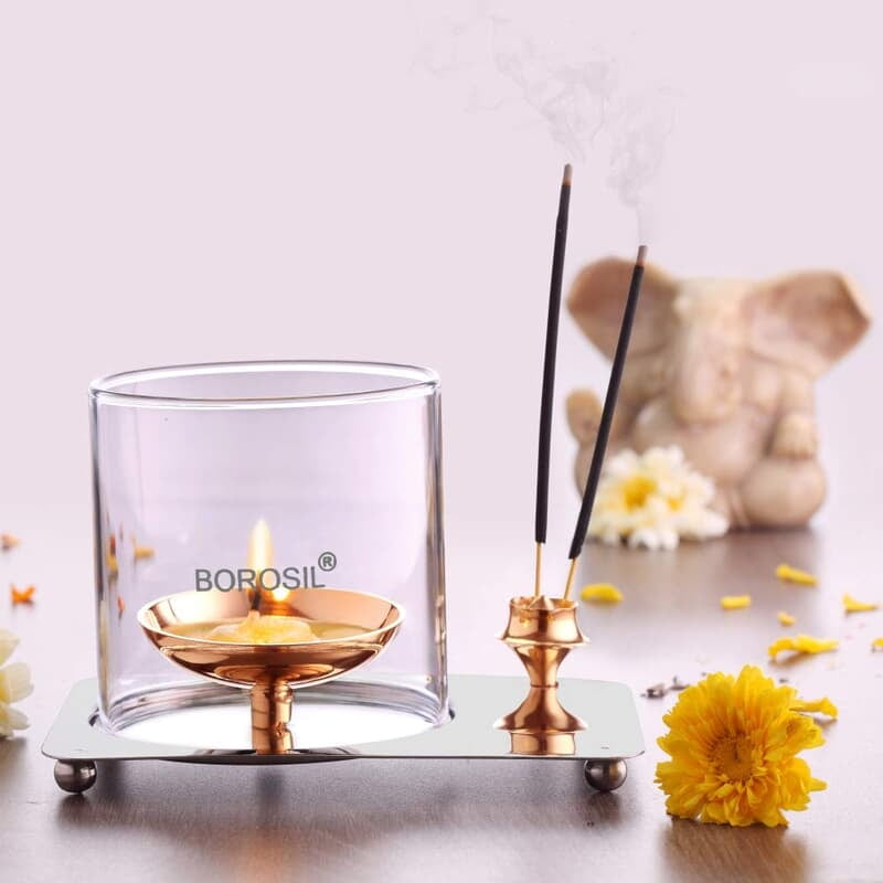 Borosil Aarti Diya Decorative Brass Glass Oil Lamp