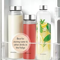 Borosil Crysto Wide Mouth Glass Water Bottle with Stainless Steel Lid | 750ml, Borosilicate Glass, Leakproof, Easy to Carry, Fridge & Dishwasher Safe | Can Use For, Lassi, Juice, Smoothies (3 Pc Set)