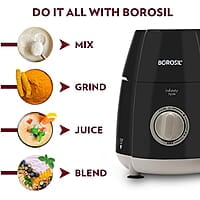 Borosil 750W Infinity Mixer Grinder with 4 Stainless Steel Jars (1.5L Jar with Fruit Filter, 1.5L Blending Jar, 1L Dry/Wet Grinder Jar, 400ml Chutnery Jar), Kitchen Mixie, 5 Years Warranty on Motor