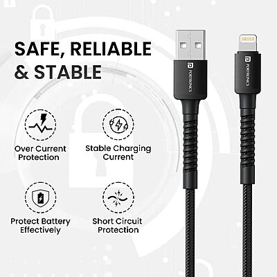 Portronics Konnect X – USB to Lightning Cable, Black. Durable, fast charging, and data transfer. Compatible with all Lightning devices. Perfect for everyday use and travel. 1 meter length.