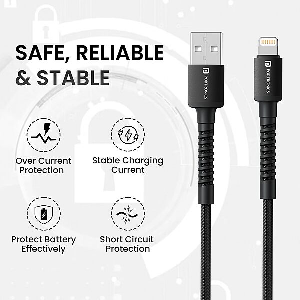 Portronics POR 2158 Konnect X USB-A to Lightning Cable – 3A | Braided | 1m Black