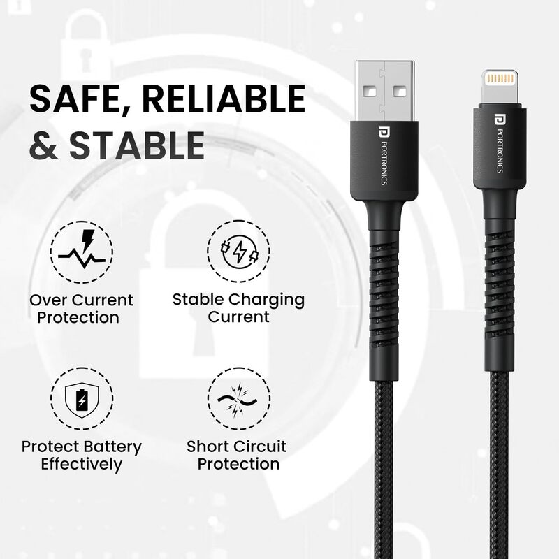 Portronics POR 2160 Konnect X USB-A to Lightning Cable – 3A | Braided | 2m Black