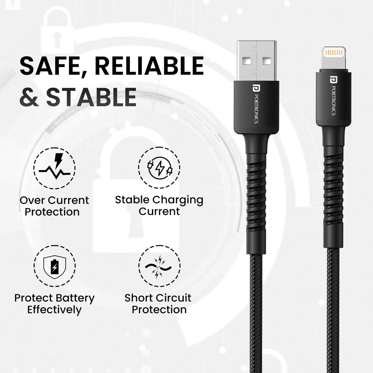 Portronics POR 2160 Konnect X USB-A to Lightning Cable – 3A | Braided | 2m Black