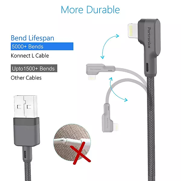 Portronics POR 1080 Konnect L USB-A to Lightning Cable – 3A | Nylon Braided | L-Shape | 1.2m Grey