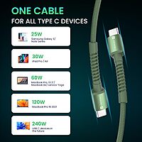 Portronics Konnect X – 240W Type-C Cable, 1M Green, fast charging, durable design, high-speed data transfer, compatible with various devices, perfect for home and office use, tangle-free.