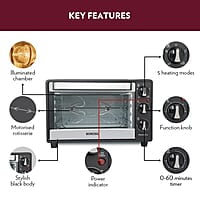 Borosil Prima 24 L Oven Toaster & Grill, Motorised Rotisserie & Convection Heating, 5 Heating Modes, Black