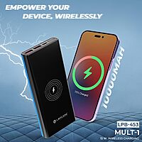 Lapcare MULT I LPB‑453: 10,000 mAh Li‑Polymer power bank with 22.5 W fast wired charging, 15 W wireless charging, dual USB + Type‑C ports, LED indicator & safety protections.