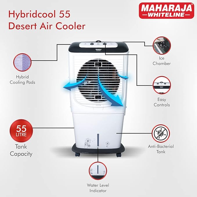 Maharaja White line Plastic Hybridcool 55-Litre Air Cooler with Remote, 55 Liters,