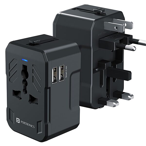 Portronics Juicemate 2 Universal Travel Adapter – Dual USB-A 12W Output | Black