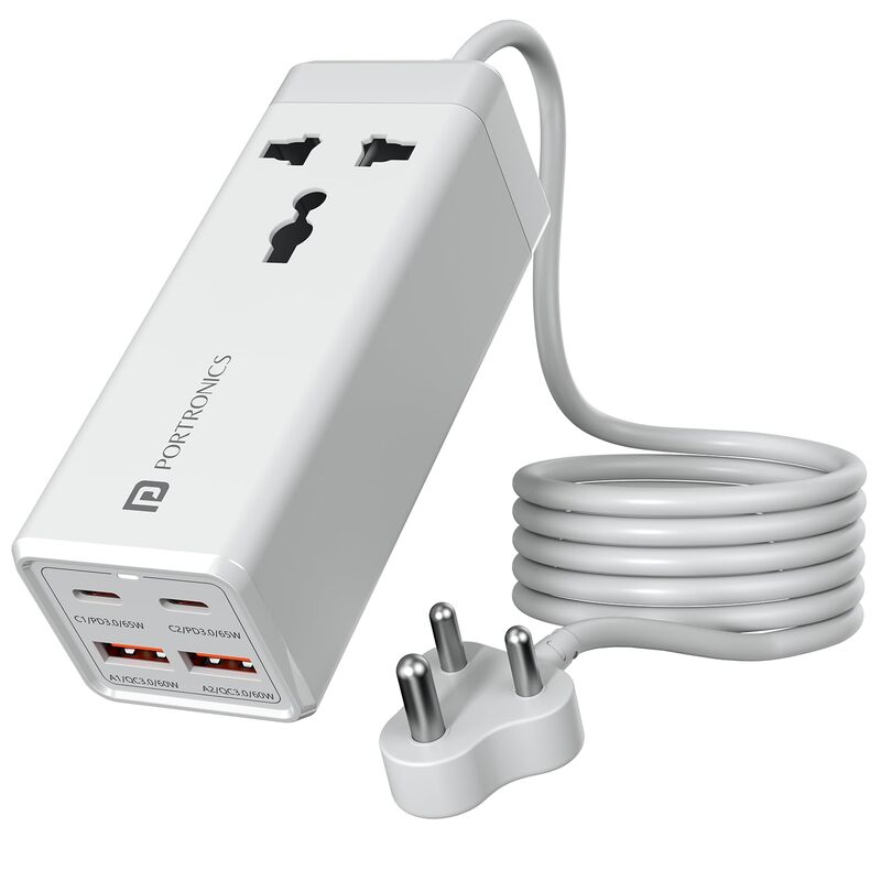 Portronics Volt 65 – A 65W 5-in-1 power strip with AC outlets, USB ports, and fast charging. Perfect for home, office.