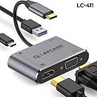 Lapcare LC‑411 Lap‑C 4‑in‑1 docking station: USB 3.0 port, USB‑C PD passthrough, HDMI & VGA video output, plug‑and‑play, lightweight aluminium build.