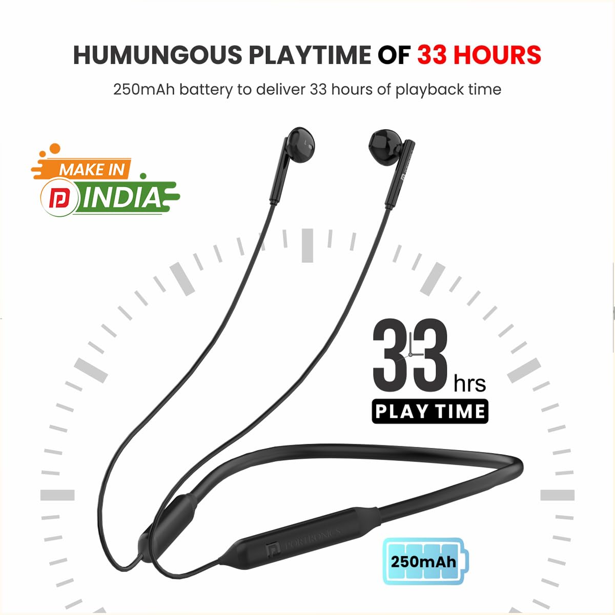 Portronics Harmonics Z5 Bluetooth In-Ear Headset – Dual EQ Mode, Type-C | 33Hrs Play | Black