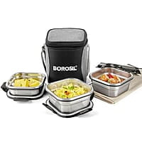 Borosil Feast Stainless Steel Lunch Box with Bag | Set of 3 (400 ml x 2 + 250 ml x 1), Square