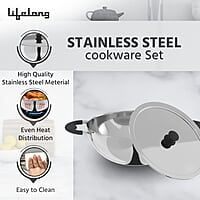 Lifelong 3 pc Cookware 2 Litre Stainless Steel Kadhai with SS Lid 23 CM 1.2 Litre Stainless Steel Sauce Pan 16 CM 1.2 litres Stainless Steel Fry Pan 23 CM