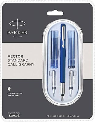 PARKER VECTOR STA CALLIGRAPHY CHROME TRIM FOUNTAIN PEN BLUE BODY