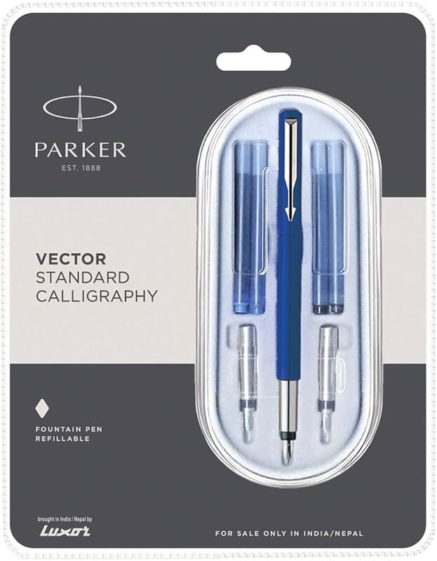 PARKER VECTOR STA CALLIGRAPHY CHROME TRIM FOUNTAIN PEN BLUE BODY PARKER VECTOR STA CALLIGRAPHY CHROME TRIM FOUNTAIN PEN BLUE BODY