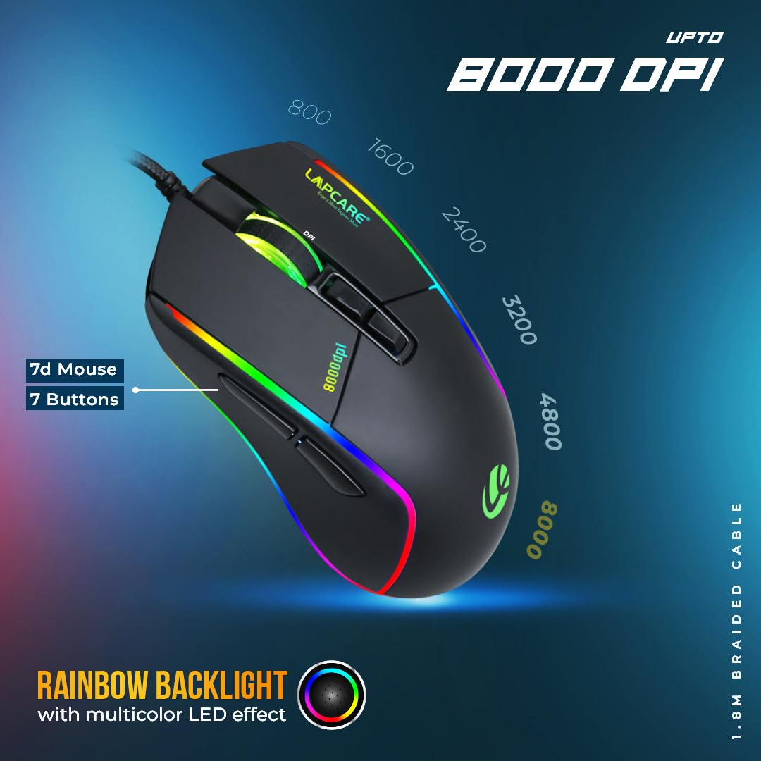 Lapcare Champ LGC-012 USB Gaming Keyboard & Mouse Set – Braided Wire  Membrane Backlit  Customized RGB Lights  7D USB Mouse  8000 DPI  Black