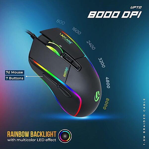 Lapcare Champ LGC-012 USB Gaming Keyboard & Mouse Set – Braided Wire  Membrane Backlit  Customized RGB Lights  7D USB Mouse  8000 DPI  Black