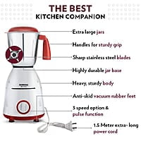 Borosil Best Mixer Grinder, For Wet/Dry Mixing & Grinding, 500 Watts, 3 Jars (400 ml Chutney Jar, 1.5 L Blending Jar, 1 L Grinding Jar), Mixie For Kitchen