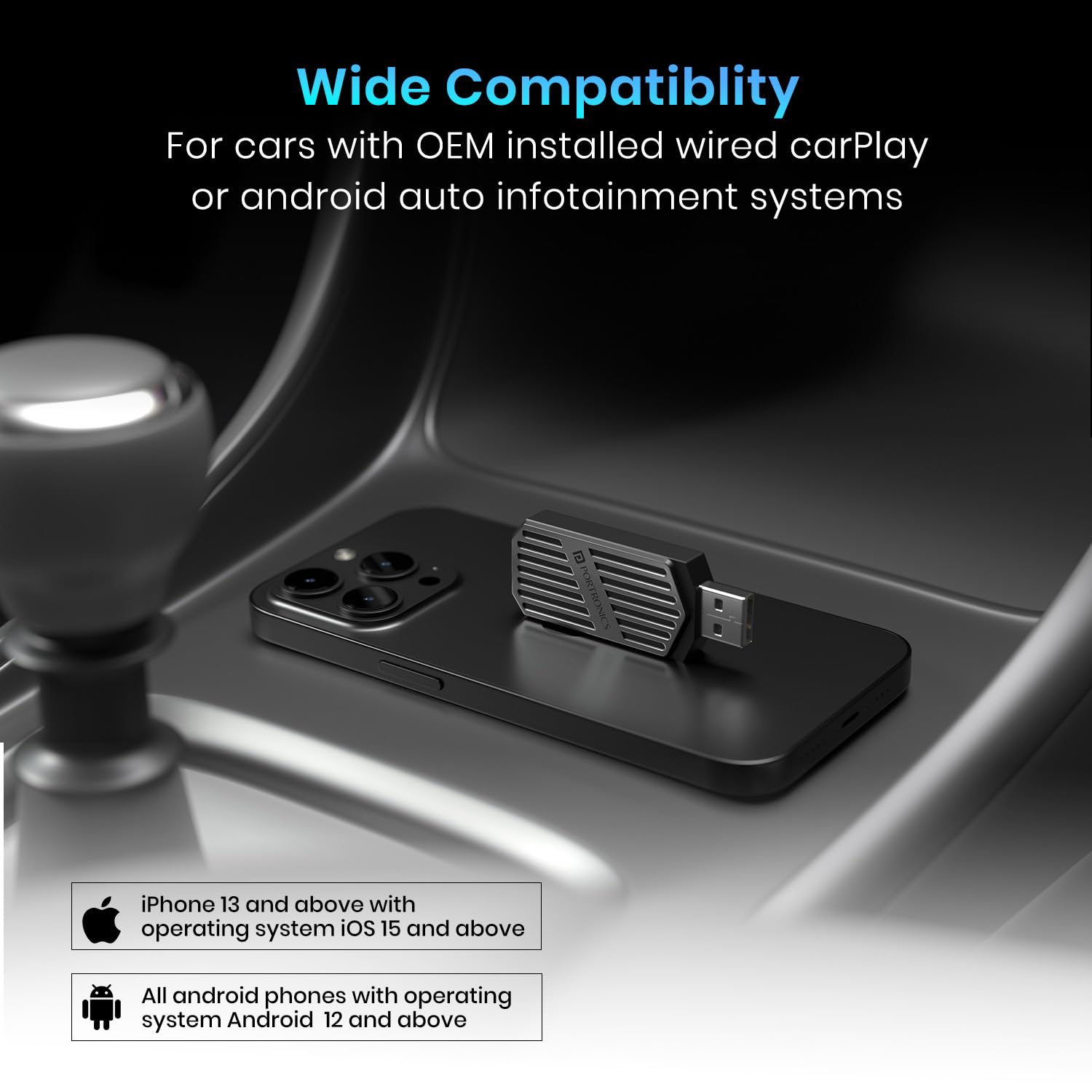Portronics Tune Bluetooth v5.3 Receiver for Car | Wireless Android Auto + CarPlay | Black