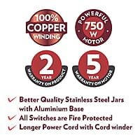 Borosil Supermax Mixer Grinder, For Wet/Dry Mixing & Grinding, 750 Watts, 3 Stainless Steel Jars(1.5 L Blending Jar, 1 L Dry/Wet Grinder, 400 ml Chutney Jar), Mixie For Kitchen, Blue